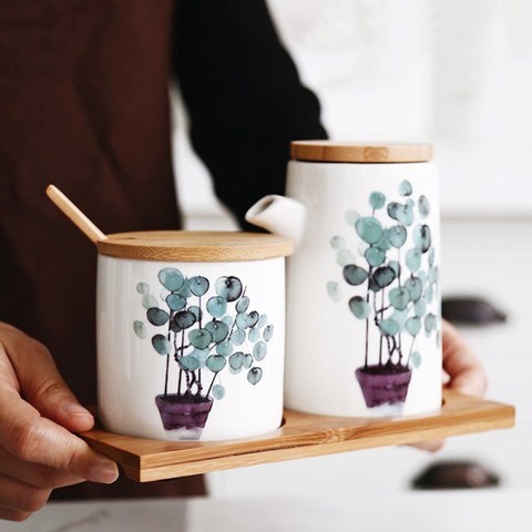 Nordic Green Plant Printed Ceramic Seasoning Bottle Chopstick Storage Box Oil Pot Salt Shaker Set Spice Jar Kitchen Cooking Tool ► Photo 1/6