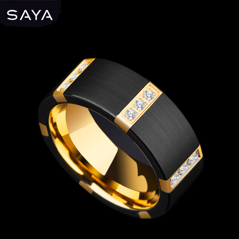 New Arrival 8MM Width Black Tungsten Carbide Rings For Man With Gold Plating Inside Black Color Three PCS Cubic Zirconia 7-11 ► Photo 1/1