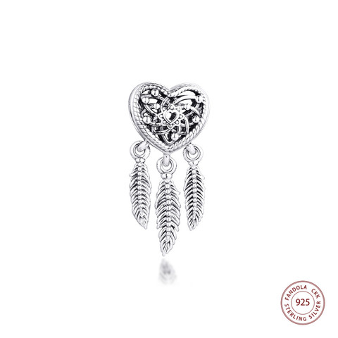 Real 925 Sterling Silver Openwork Heart & Three Feathers Dreamcatcher Charms Fits Pandora Bracelet Beads for Jewelry Making ► Photo 1/5