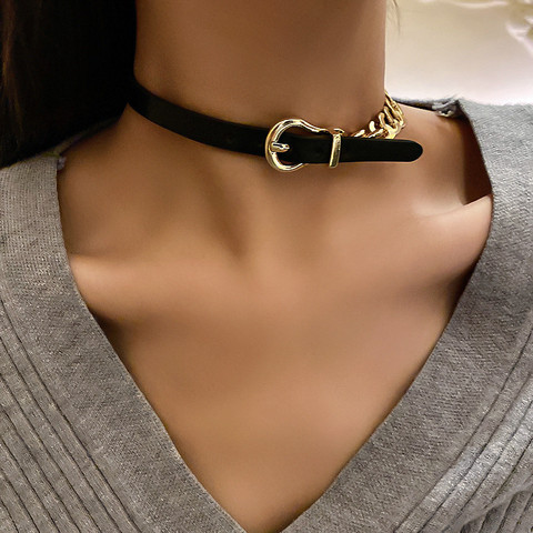 FYUAN Golden Chain Choker Necklaces for Women Short Black Leather Button Necklaces Statement Jewelry ► Photo 1/6