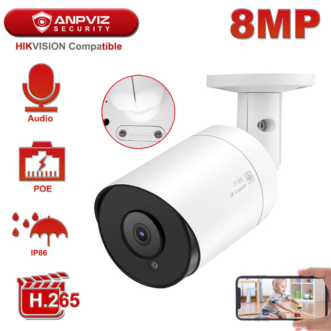 Hikvision Compatible Anpviz PoE IP Camera 8MP 4K H.265 Video Surveillance Outdoor Camera 2.8mm Remote Access Onvif NAS Mic Audio ► Photo 1/6