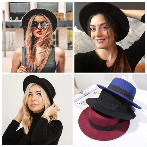 Winter Autumn Woolen Women Hat Classic Solid Color Felt Fedoras Hats Female Lady Wide Brim Flat Top Jazz Cap ► Photo 1/6