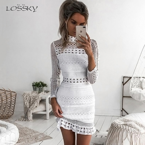 Lossky Sexy White Lace Stitching Hollow Out Party Dresses Elegant Women Short Mini Summer Casual Dresses Clothes For Women 2022 ► Photo 1/6