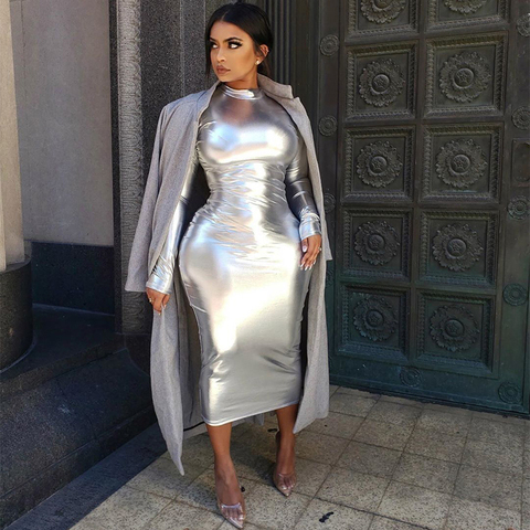 BKLD Fashion Gold Silver Bodycon Sexy Cocktail Party Dresses Elegant Womens Slim Fit Long Sleeve Metallic Holographic Midi Dress ► Photo 1/6