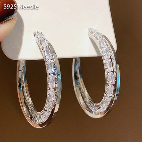 925 Sterling Silver Needle Hoop Earrings for Women Jewelry Statement Cubic Zircon Large Round Elegant Female Earrings ► Photo 1/6