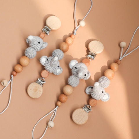 1PC Baby Wooden Teether Pacifier Clip Chain Elephant Pendant Crochet Beads Rodent Soother Clip Baby Shower Gift For Kids Toys ► Photo 1/6