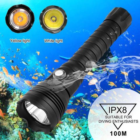 LED Diving Flashlight XHP70.2 Tactical 26650 Torch Yellow/White Light 4000 Lumen Underwater 100M Waterproof XHP70 Dive Lamp ► Photo 1/6