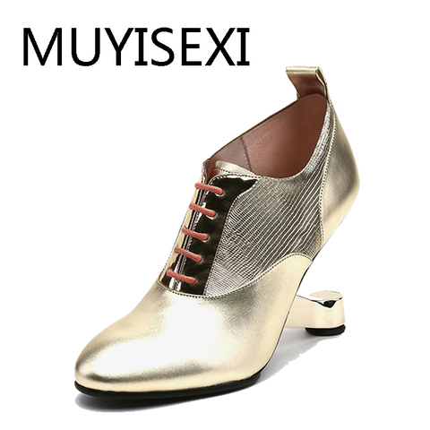 Gold Pumps Genuine Leather Women 8cm High Heels Metal Strange Lace Up Autumn Shoes Women Unique White Black HL184 MUYISEXI ► Photo 1/6
