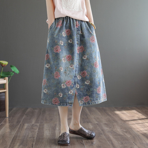 Johnature Spring Summer Women Retro Floral Pocket All-match Denim Slit Skirt 2022 Leisure Loose Comfortable Female 2 Color Skirt ► Photo 1/6