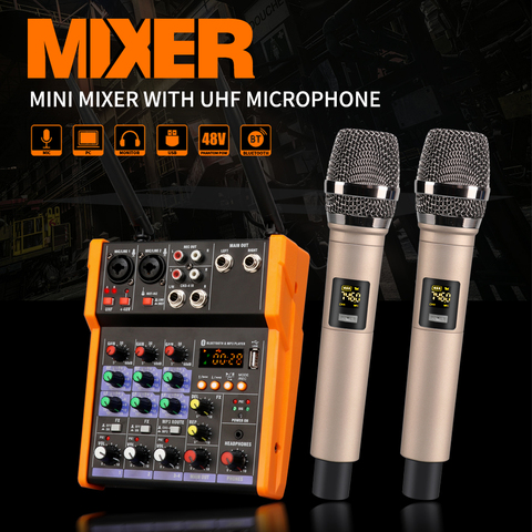 TKL 4Channels Audio Mixer with UHF microphone Sound Mixing REC Bluetooth USB Record 48V Phantom Power DJ Mixer ► Photo 1/6