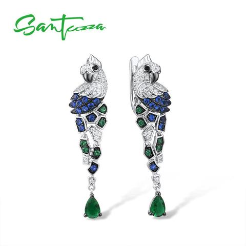 SANTUZZA Silver Earrings For Women 925 Sterling Silver Parrot Birds Sparkling Blue Green CZ Drop Earrings Trendy Fine Jewelry ► Photo 1/6