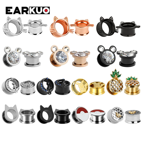 EARKUO Stylish Hot Selling Cat Bat Bee Pineapple Stainless Steel Ear Piercing Tunnels Expanders Body Jewelry Earring Stretchers ► Photo 1/6