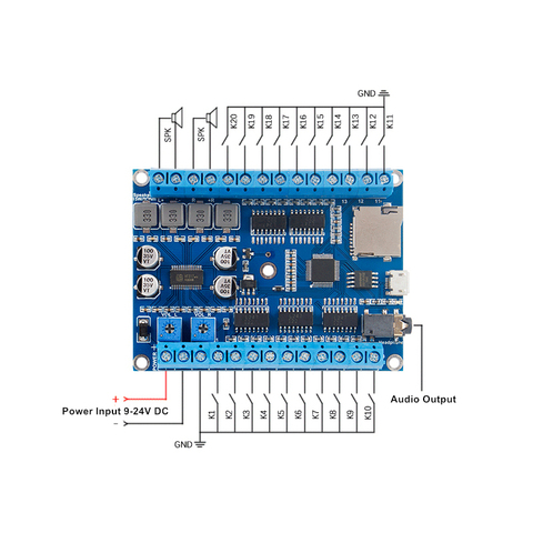 Triggerable MP3 Sound Module 20 Key One-on-oneTriggerable MP3 Playback Soundboard with Stereo Ouput 2 x 25Watts Amplifiers ► Photo 1/4