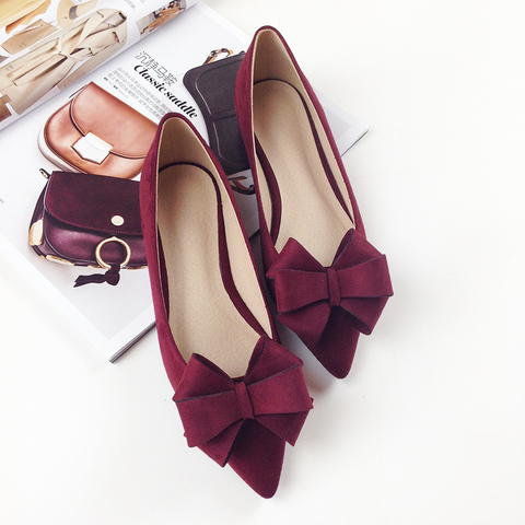 2022 Autumn New Bow Pointed Toe Flat Shoes Women Wedding Shoes Flock Leather Big Bowknot Solid Color Plus Small Size 33 34 43 44 ► Photo 1/3