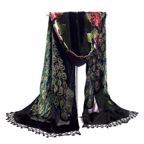 Hot Sale Black Chinese Women's Velvet Silk Beaded Shawl Embroidery Scarf Wrap Scarves Peafowl Free Shipping WS006-C ► Photo 1/1