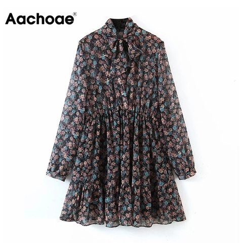Aachoae Women's Floral Dress Bow Tie Neck Vintage Pleated Dress See Through Sleeve Print Mini Dress Casual Sundress Vestidos ► Photo 1/6