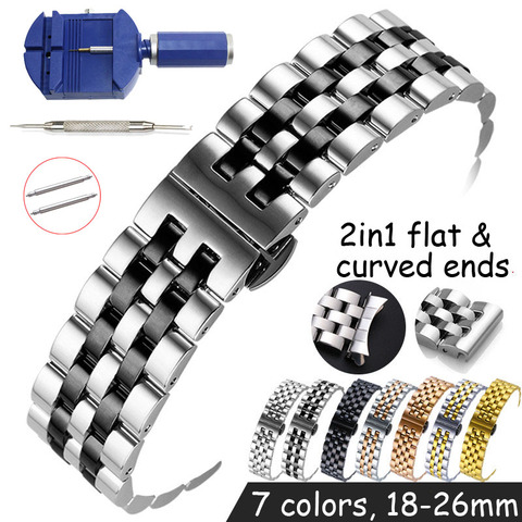 Flat Curved End Watch Band 18mm 19 20 21 22mm 24mm 26mm Stainless Steel Watchband Butterfly Buckle Replacement Watch Strap JYWZ ► Photo 1/6