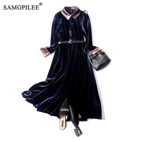 Long Dresses For Women 2022 Casual A-line Solid Full Sleeve Sashes Plus Size Empire Turn-down Collar Elegant Dresses For Women ► Photo 1/6