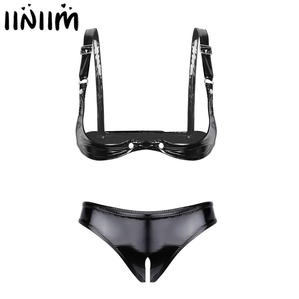 Womens Femme Wetlook Leather Exotic Lingerie Set Spaghetti Straps Open Cup Bra Top With Open