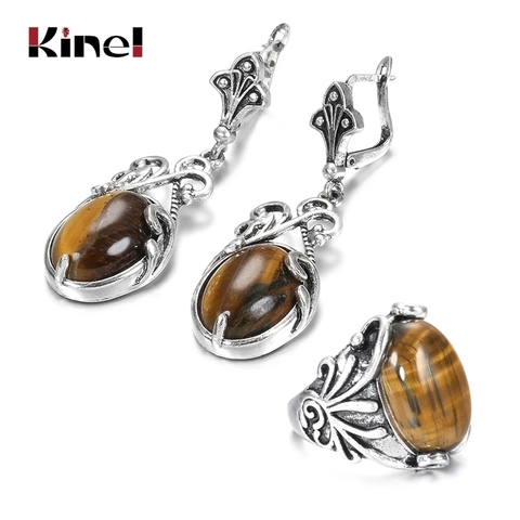 Kinel 2022 New Boho Natural Stone Ring Earring for Women Tibetan Silver Beach Party Indian Bride Ring Wedding Jewelry Sets ► Photo 1/6