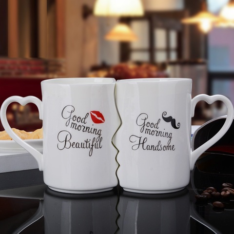 OUSSIRRO 2Pcs/Set Couple Cup Ceramic Coffee Kiss Mug Creative Valentine's Day Wedding Birthday Gift ► Photo 1/6