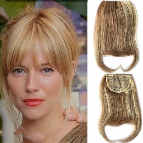 27P613 Blonde Mixed Brown Color Brazilian Human Hair Clip-in Hair Bangs Full Fringe Short Straight Hair Extension for women 6-8