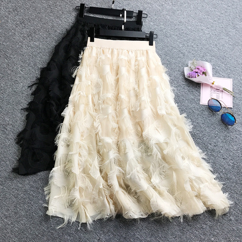 Luxury Chiffon Skirts Jupe Femme 2022 New Spring Summer Feather Tassel Midi Skirt High Waist Elegant Slim Long Maxi Skirt ► Photo 1/6