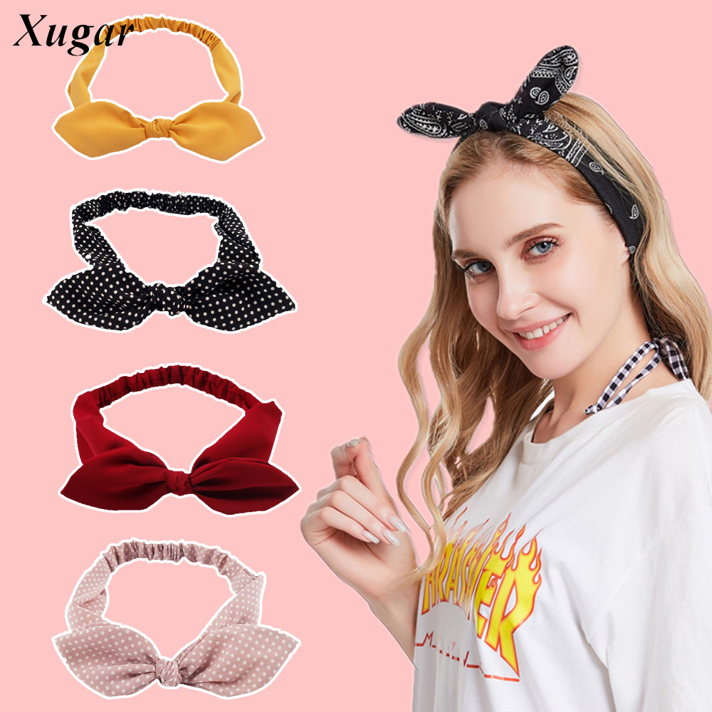 Plain Polyester Rabbit Ear Headband For Women Female Elastic Bow Hairband Headwear Hair Accessories,Orange 