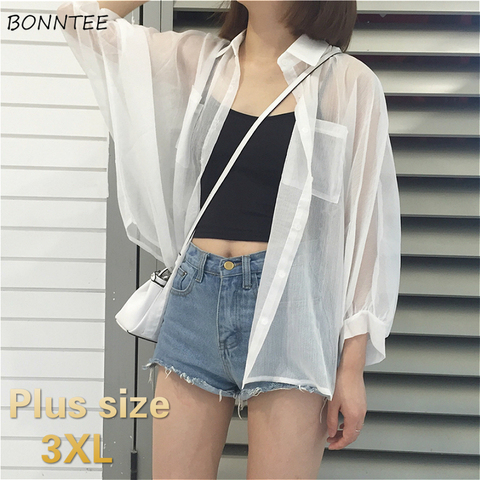 Blouses Women Summer Basic White Simple Ulzzang Sun-proof Lady Shirts Pocket Fashion Batwing Sleeve Womens Blouse Tops Plus Size ► Photo 1/6