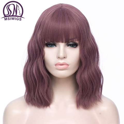 MSIWIGS Short Bobo Wavy Cosplay Wigs for Women Purple Red Green Natural Bob Synthetic Wig Brown Blue Black with Bang for Girl ► Photo 1/6