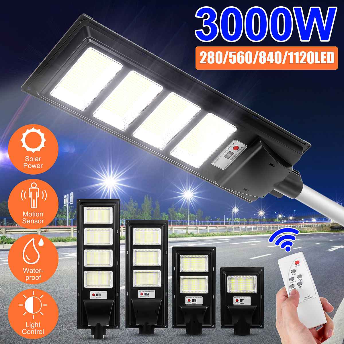 280/560/840/1120LED Solar Street Light Road PIR Motion Sensor Wall Lam 