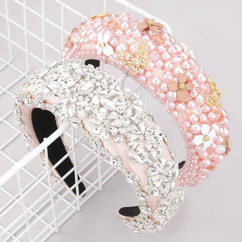 New Pink Imitation Pearl Metal Butterfly Flower Headband Women's Shiny Rhinestone Headband Wedding Headdress Bridal Headband ► Photo 1/6