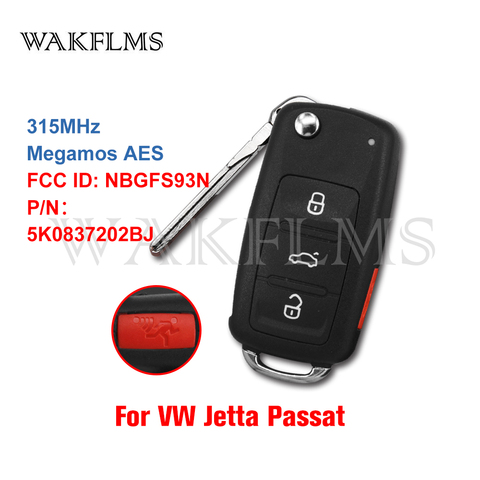 MQB 5K0837202BJ For VW VolksWagen Jetta Passat 2017 2022 315MHz Megamos AES ID88 Flip Remote Car Key Fob NBGFS93N 5K0 837 202 BJ ► Photo 1/2