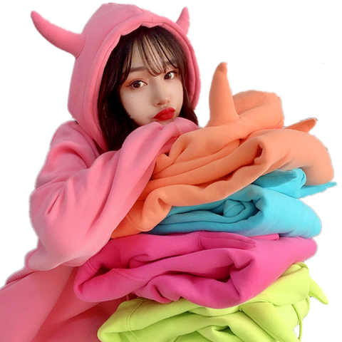 2022 Spring Devil Horn Hooded Sweatshirt Women Plus Velvet Warm Loose Harajuku Hoodies Best Friends Match Cute Pullover Tops ► Photo 1/6