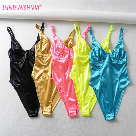 LUNDUNSHIJIA 2022 Summer Women Gold Stretch Self-cultivation Sexy Bodysuit Jumpsuit Fluorescent Green Female Camisole Jumpsuit ► Photo 1/6