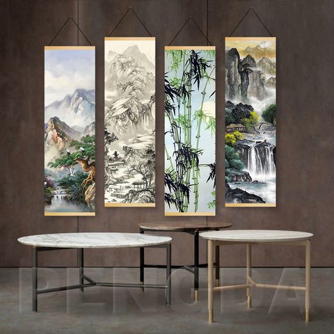 Printed Poster Nordic Canvas Wood Scroll Painting Chinese Landscape Painting with Ink Water Art for Gift Home Wall Hanging Decor ► Photo 1/5