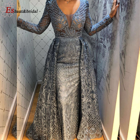Dubai Full Lace Long Sleeves Evening Dress 2022 Mermaid V-Neck Crystal Handmade with Side Slit Arabic Formal Party Gown ► Photo 1/6