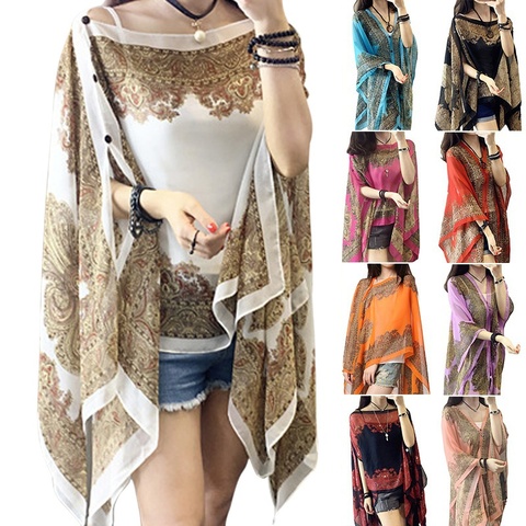 2022 Floral Print Scarves Summer Chiffon Poncho Cape Women Elegant Shawl Female Silk Scarf Sunscreen ► Photo 1/6