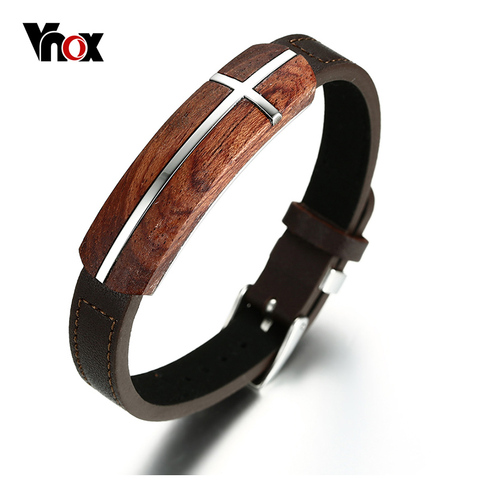 Vnox Retro Rosewood Genuine Leather Bracelet for Men Real Wood Wooden Top Quality Business Style  ► Photo 1/6