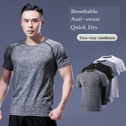 Running Shirt Dry Fit Gym Shirt Men Breathable Sports Training Quick Drying Elastic Exercise Fitness Gym Short Sleeve Reflective ► Photo 1/6