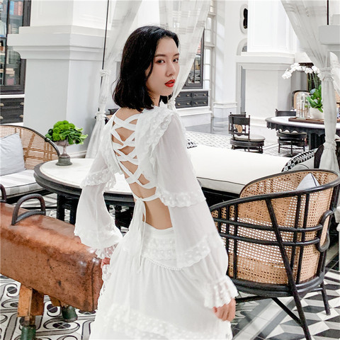 European design Vintage White Boho High Waist Empire Lace Dress Luxury backless Ladies Dress ► Photo 1/6