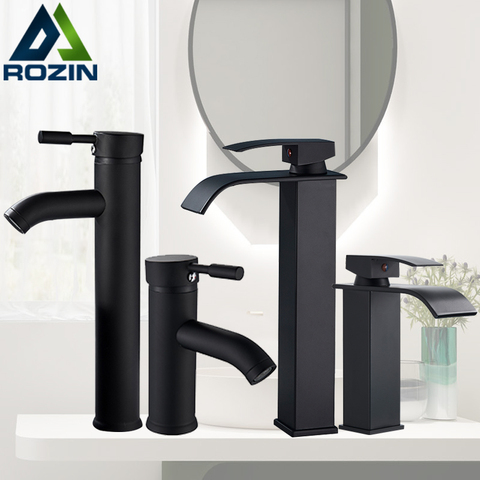 Rozin Matte Black Basin Faucet Deck Mounted Single Lever Bathroom Crane Waterfall Brass Bathroom Tap Hot Cold Water Mixer Taps ► Photo 1/1