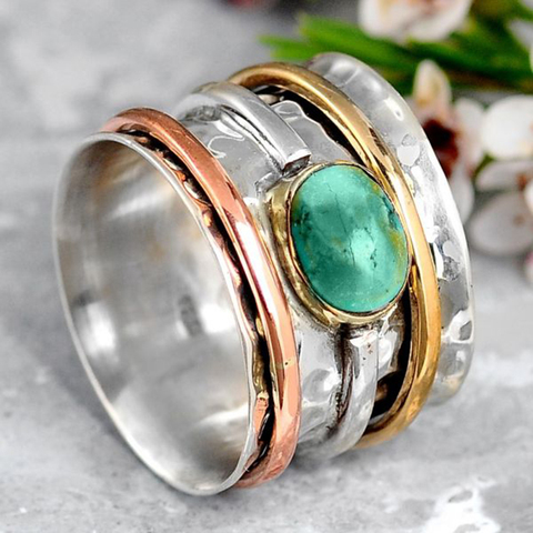 Retro Bohemian Style Width Ring Inlaid Oval Green Stone Ring Two Tone Design Finger Rings For Women Personality Jewelry G4M825 ► Photo 1/6