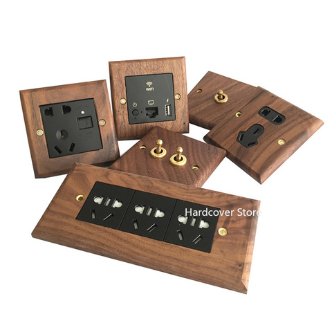 Black Walnut Panel Brass Lever Toggle Switch Solid Wood Wall Light Retro Switch Socket 86 Type Homestay Switch ► Photo 1/6