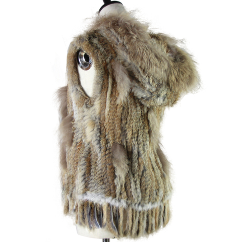 Harppihop fashion rabbit fur vest raccoon fur trimming knitted rabbit fur vest with hood fur waistcoat gilet ► Photo 1/6