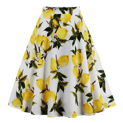 New Fashion Fruit Print Lemon Skirt White and Yellow Cotton Summer Knee Length Swing 50s Vintage Skirts Bottoms Pleated Skirt ► Photo 1/6