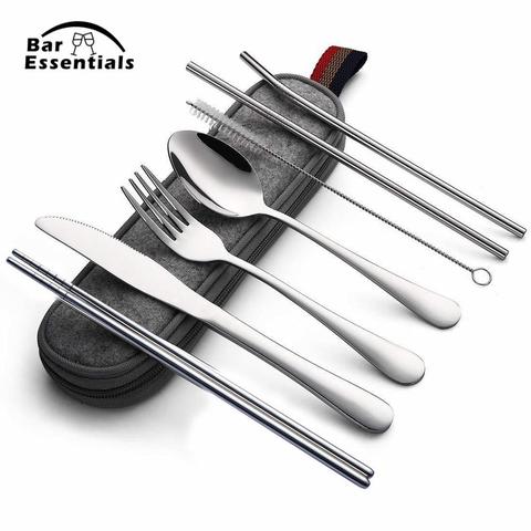 8Pcs/set Tableware Reusable Travel Cutlery Set Camp Utensils Set with stainless steel Spoon Fork Chopsticks Straw Portable case ► Photo 1/6