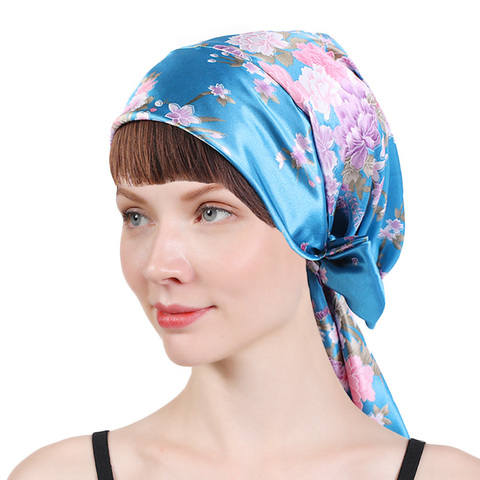 New Women silk satin night sleeping cap head wrap Bowknot Turban Pre Tied Fitted Bandana Chemo cap Nightcap hair loss patients ► Photo 1/6