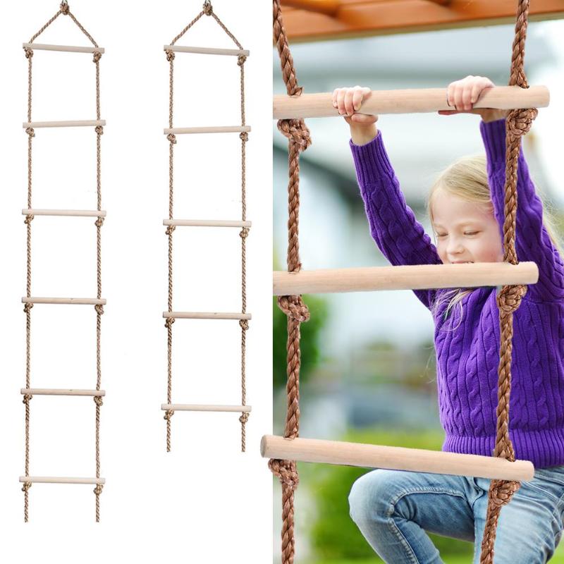 Child Playhouse Wooden 5 Rungs Rope Climbing Ladder Backyard Playground Toy 