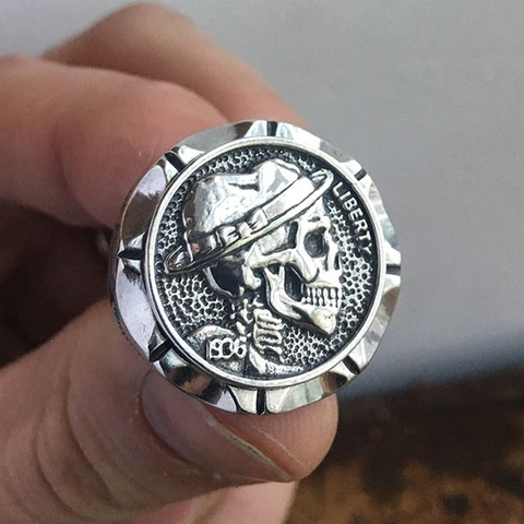 EYHIMD Hobo Nickel Brave Skull Rings Mens Mexican Indian Biker Style Coin Stainless Steel Ring Gift for Him ► Photo 1/4